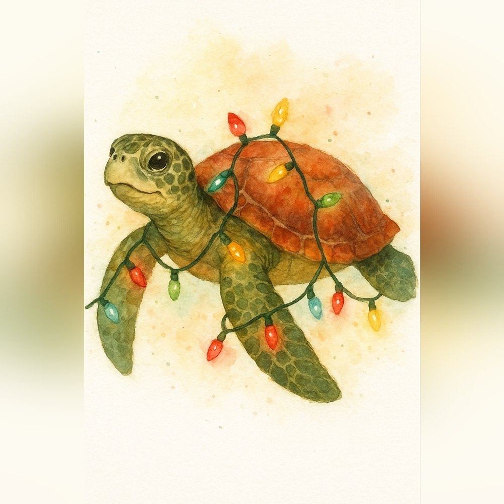 Turtle with Holiday Lights Art Print